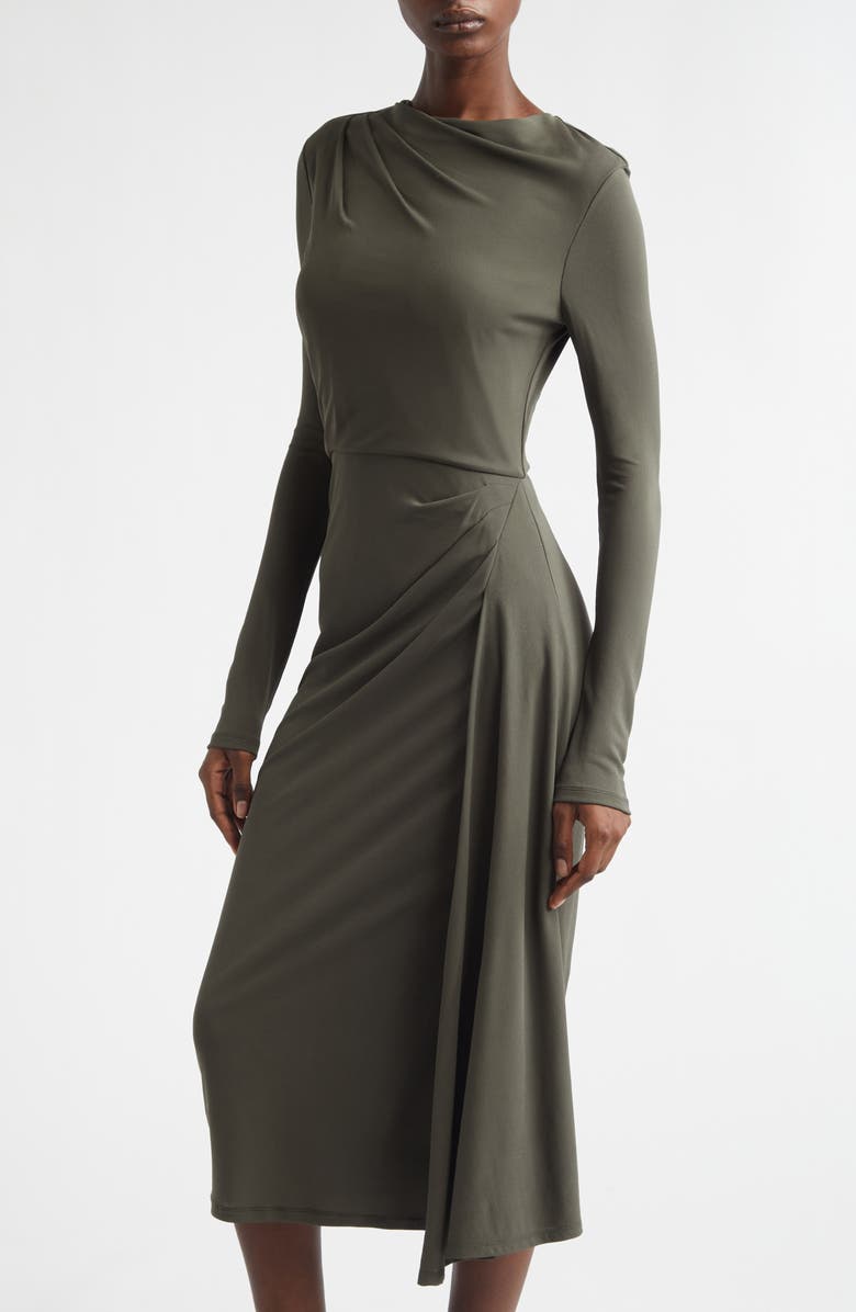 Erdem Long Sleeve Draped Midi Dress, Alternate, color, Military Green