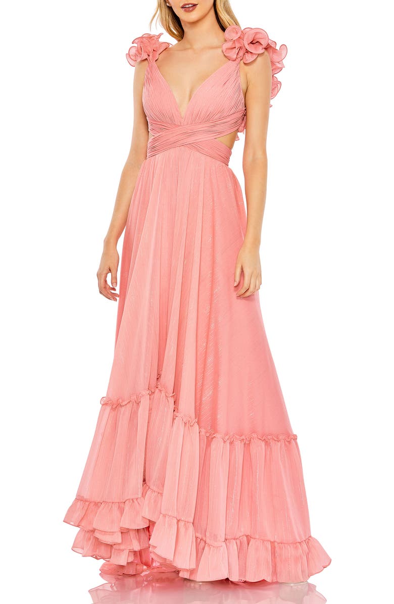 Mac Duggal Ruffle Sleeve V Neck A Line Gown, Main, color, Coral