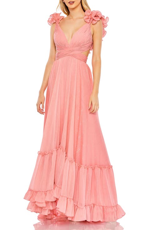 Ruffle Sleeve V Neck A Line Gown