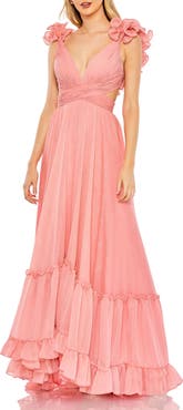 Mac Duggal Ruffle Sleeve V Neck A Line Gown