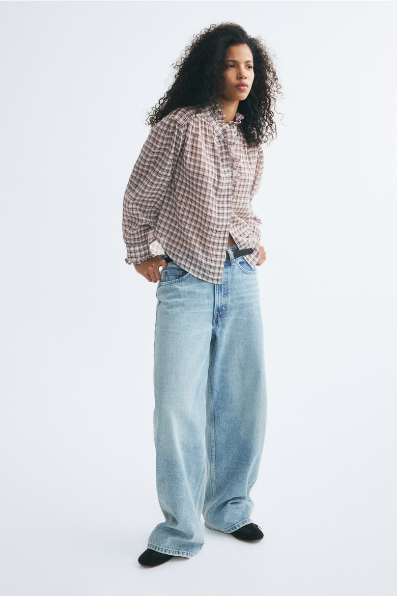 Ruffle-Trimmed Blouse, Alternate, color, Cream/checked