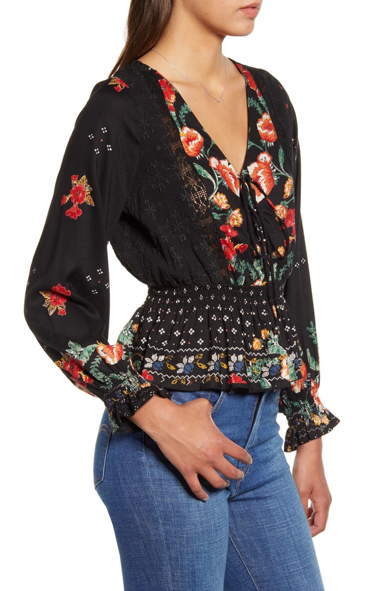 Angie Floral Print Lace Trim Peplum Top, Alternate, color,