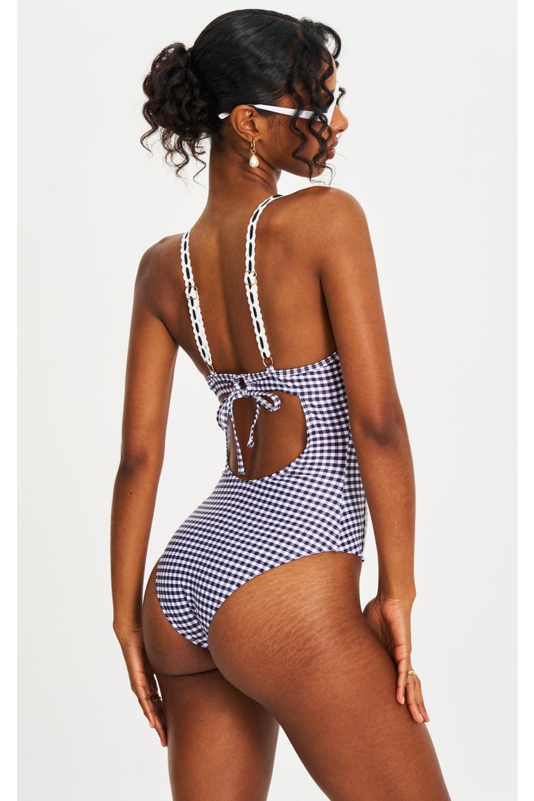 Gigi Gingham Lace Strap Backless Swimsuit, Alternate, color, Black
