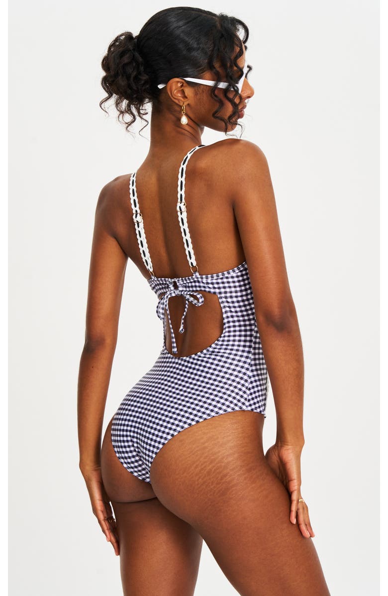 Miss Circle Gigi Gingham Lace Strap Backless Swimsuit, Alternate, color, Black
