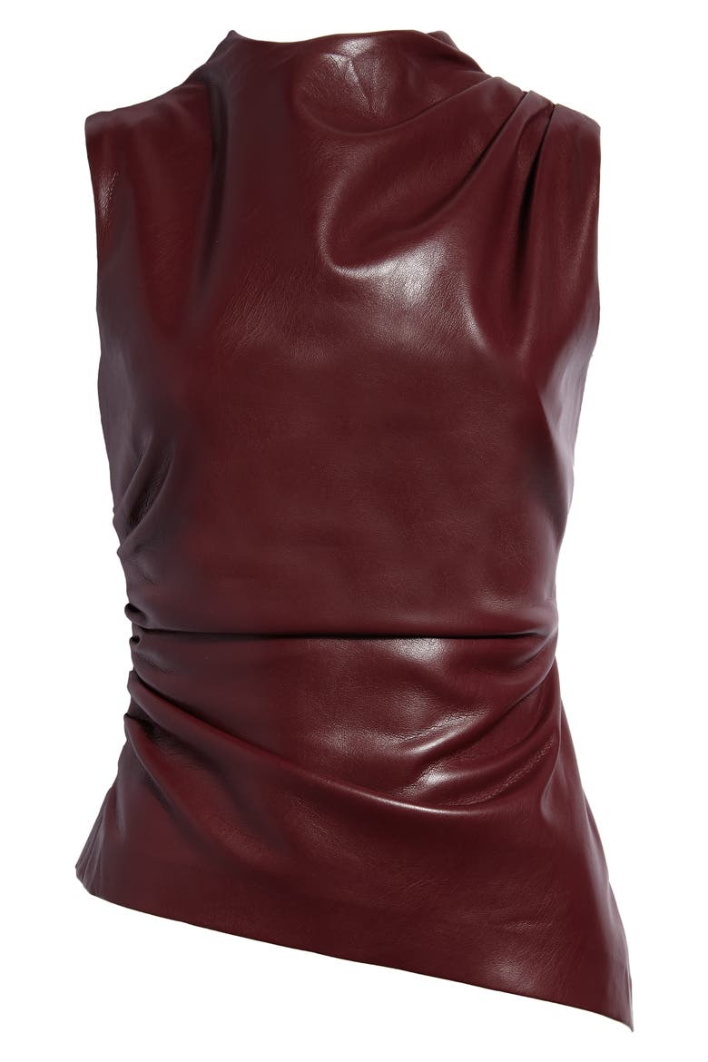 Allegra Asymmetric Faux Leather Gathered Top, Alternate, color, WINE