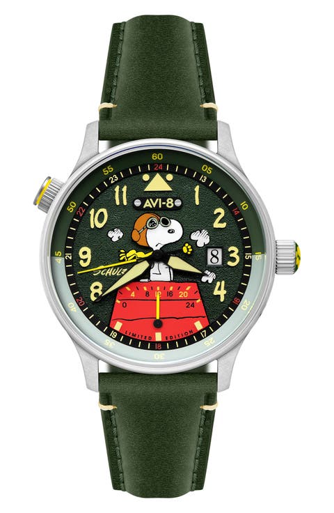 x Peanuts™ Hawker Hurricane McKellar Snoopy Flying Ace Dual Time Leather Strap Watch, 43.5mm