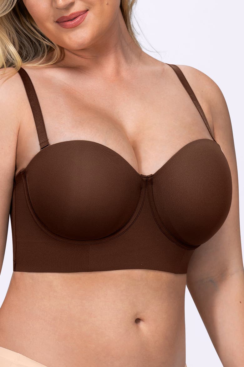 Strapless Convertible Underwire Back Smoothing Multi-Way Longline Bra, Alternate, color, Brown