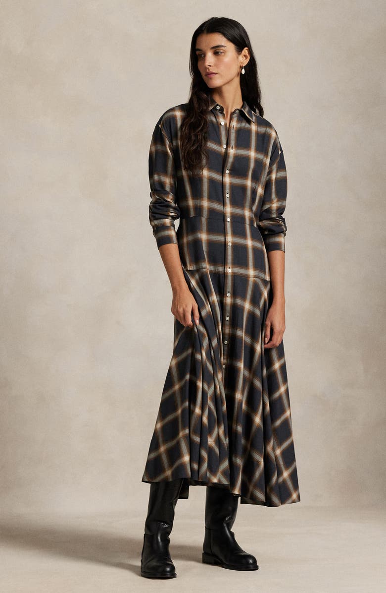 Polo Ralph Lauren Plaid Twill Paneled Long Sleeve Shirtdress, Alternate, color, Navy-Brown Multi Plaid