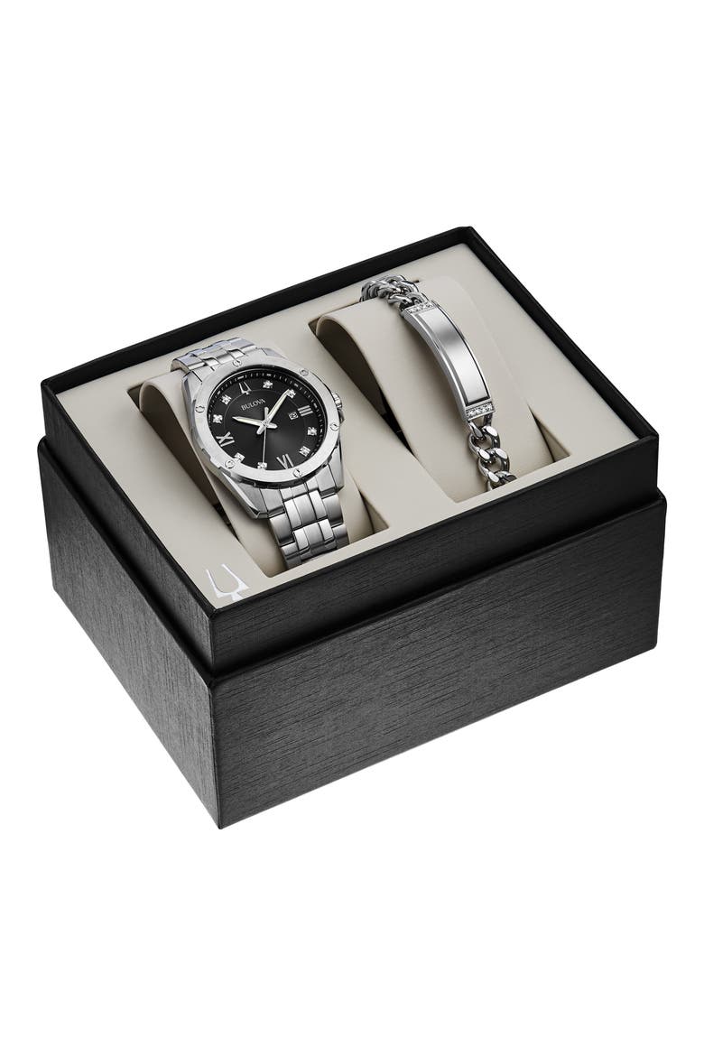 Diamond Bracelet Watch & ID Bracelet Gift Set, 43mm, Main, color, SILVER