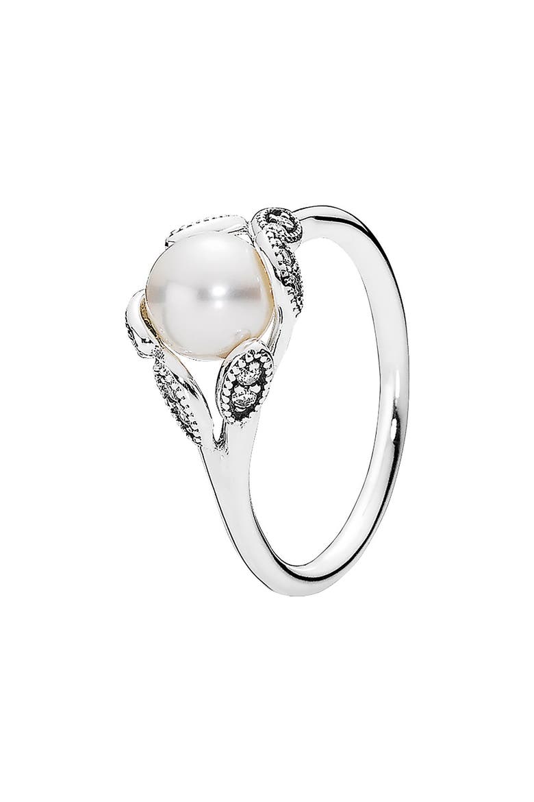'Luminous Leaves' Ring, Main, color, SILVER/ PEARL