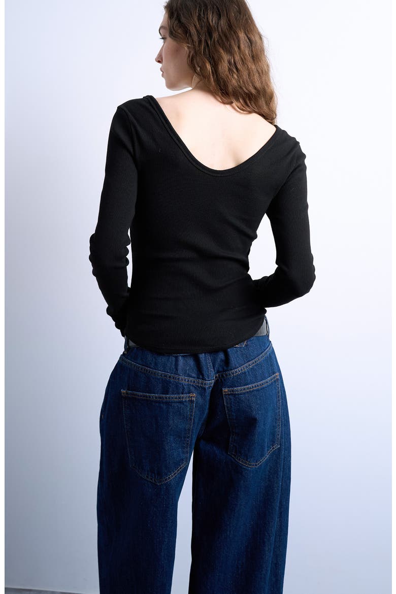 Double V-Neck Long Sleeve Stretch Cotton Rib Top, Alternate, color, BLACK