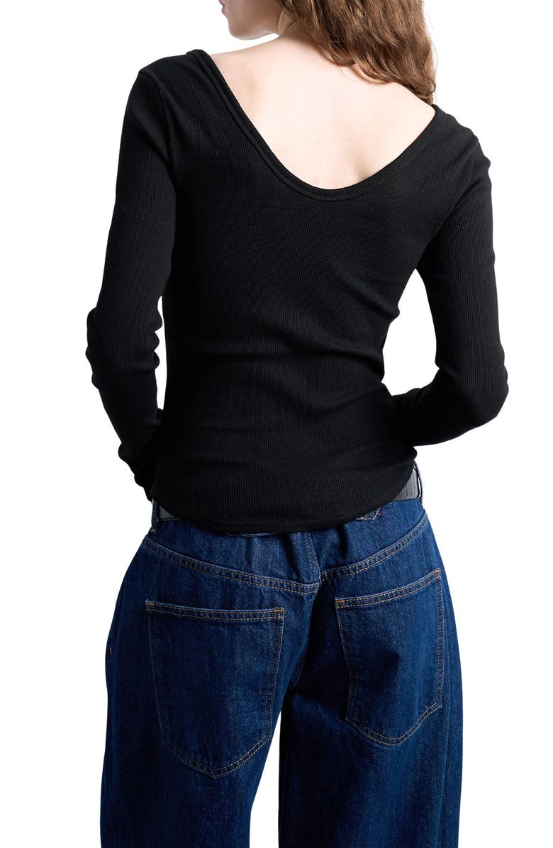 Topshop Double V-Neck Long Sleeve Stretch Cotton Rib Top, Alternate, color, Black