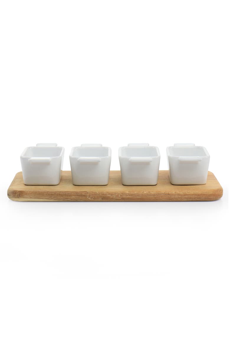 Gibson Elite Gracious Dining 5 Piece Fine Ceramic Tidbit Dish Set with Acacia Wood Base, Alternate, color, White