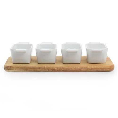 Gibson Elite Gracious Dining 5 Piece Fine Ceramic Tidbit Dish Set With Acacia Wood Base In White