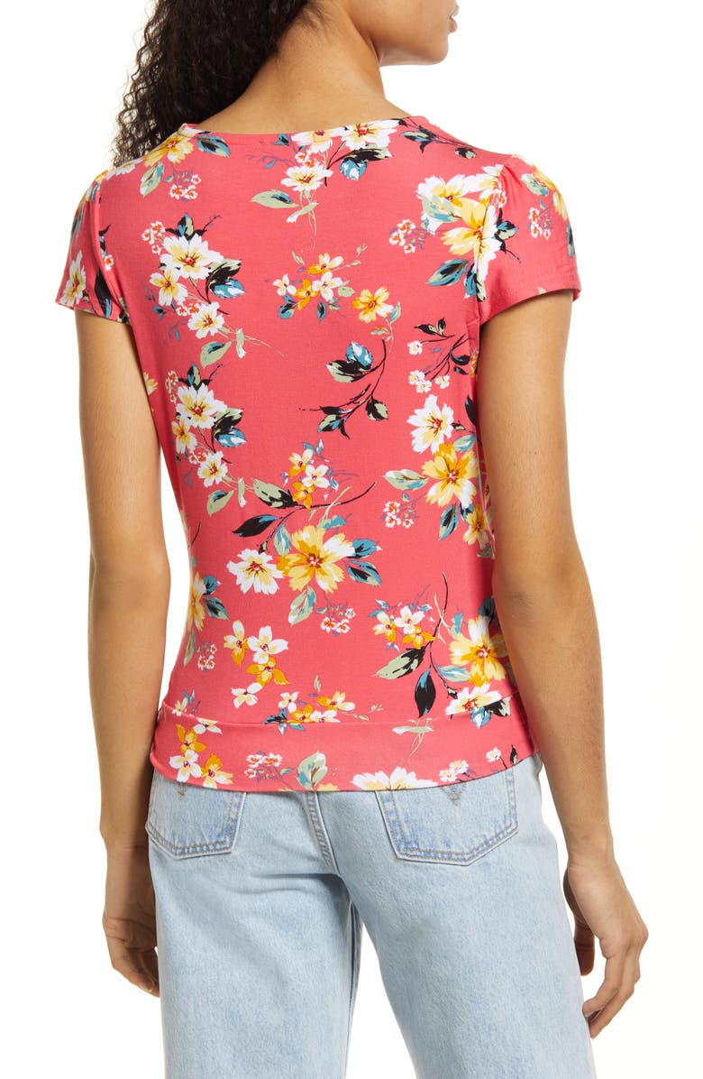 Loveappella Floral Faux Wrap Top, Alternate, color, Coral