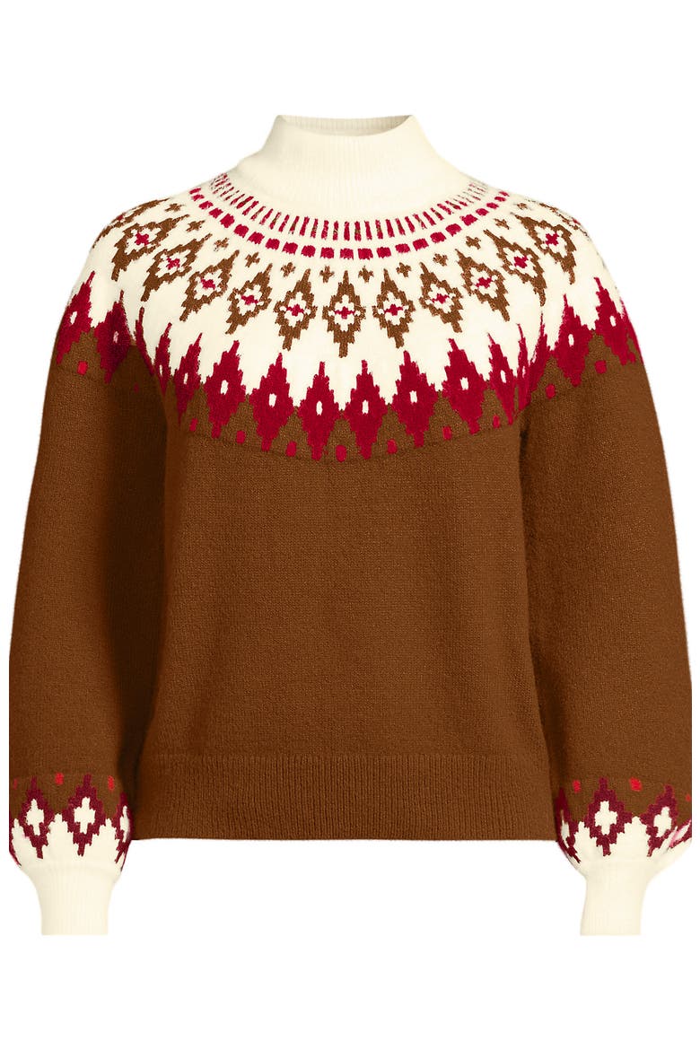 Fuzzy Turtleneck Lantern Sleeve Jacquard Sweater, Alternate, color, Rich Ginger Brown Fairisle