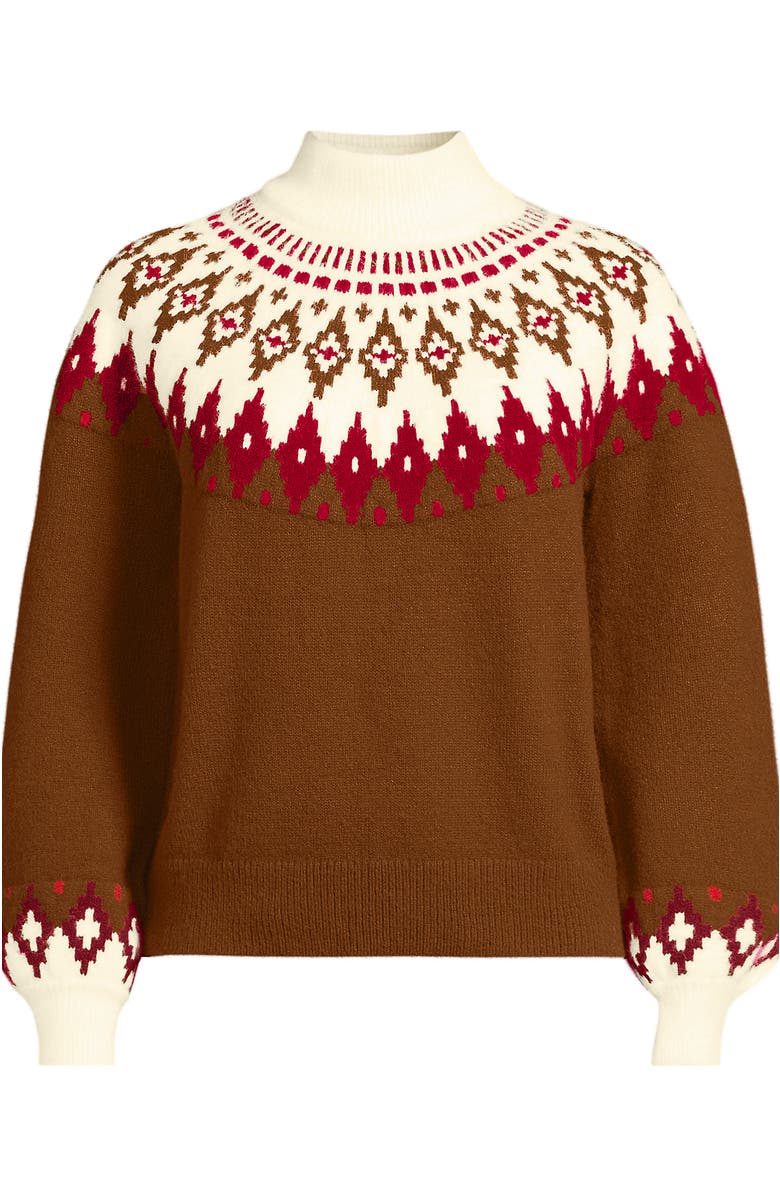Lands' End Fuzzy Turtleneck Lantern Sleeve Jacquard Sweater, Alternate, color, Rich Ginger Brown Fairisle