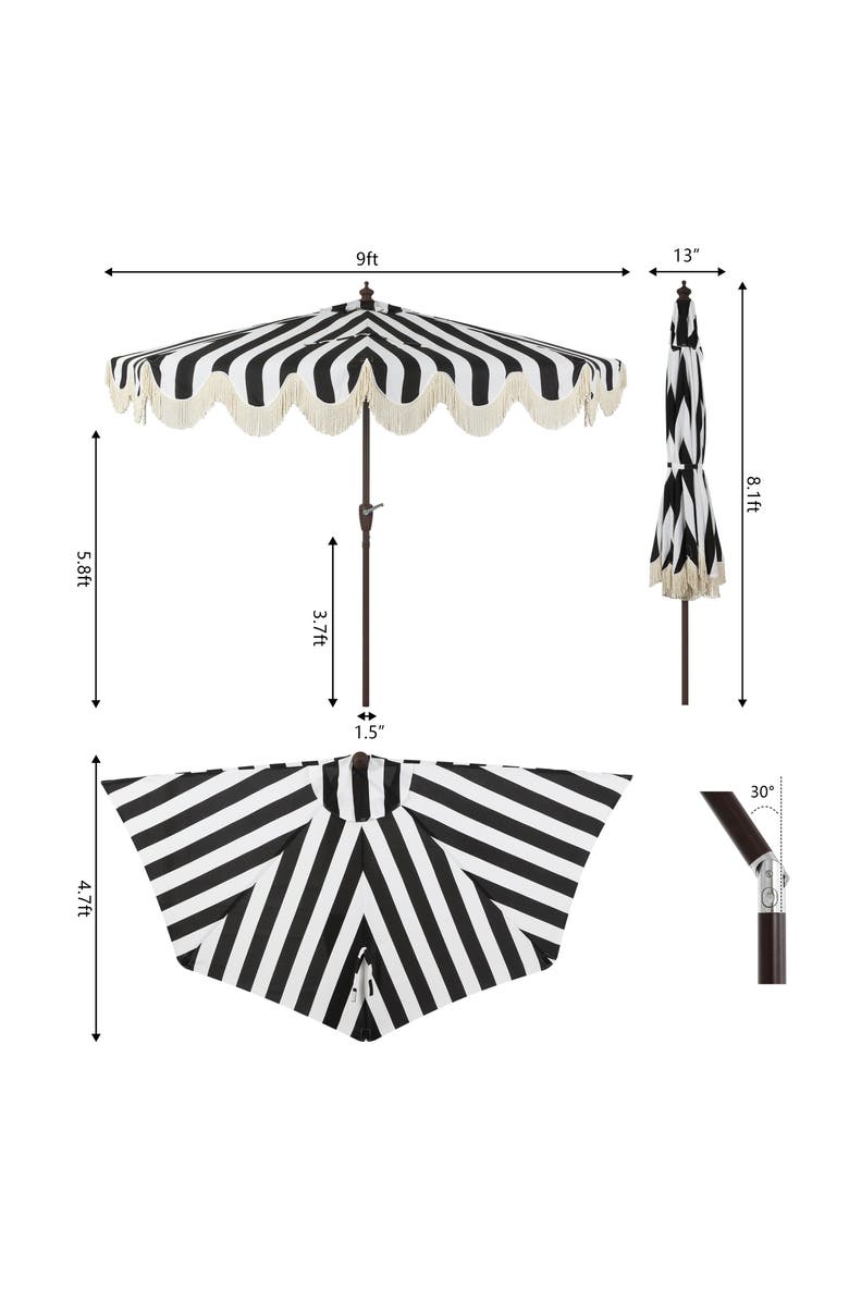 JONATHAN Y Beverly 9 ft. Designer Classic Scalloped Fringe Half Market Patio Umbrella with Crank, Push Button Tilt and UV Protection, Alternate, color, Black/White