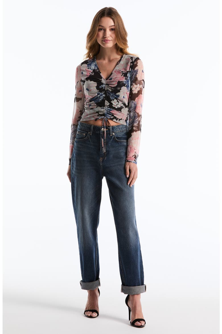 Printed Ruched Mesh Top, Alternate, color, BLACK
