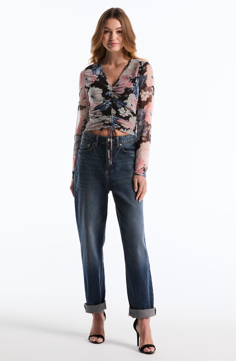 Laundry by Shelli Segal Printed Ruched Mesh Top, Alternate, color, Black