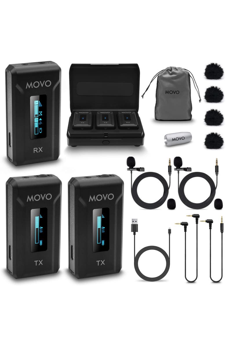MOVO WMX-2-DUO Dual Wireless Lavalier Microphone System with Charging Case for Cameras, Main, color, Black
