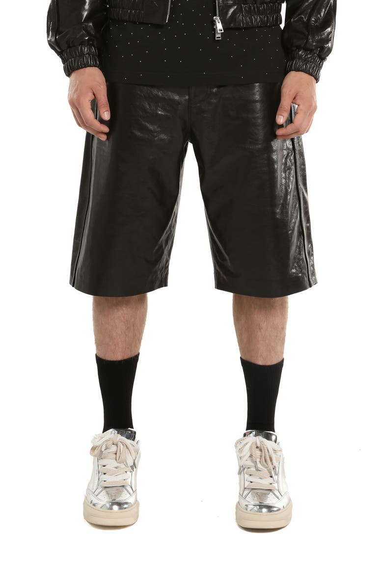 Relaxed Sheepskin Leather Track Shorts, Main, color, BLACK