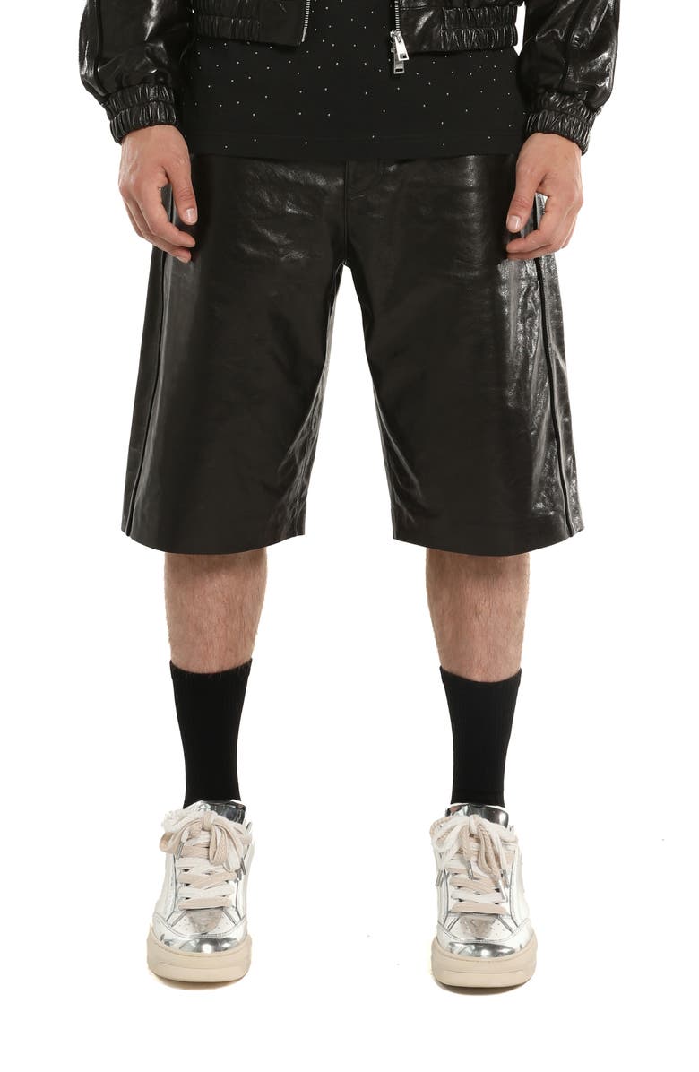 PURPLE BRAND Relaxed Sheepskin Leather Track Shorts, Main, color, Black