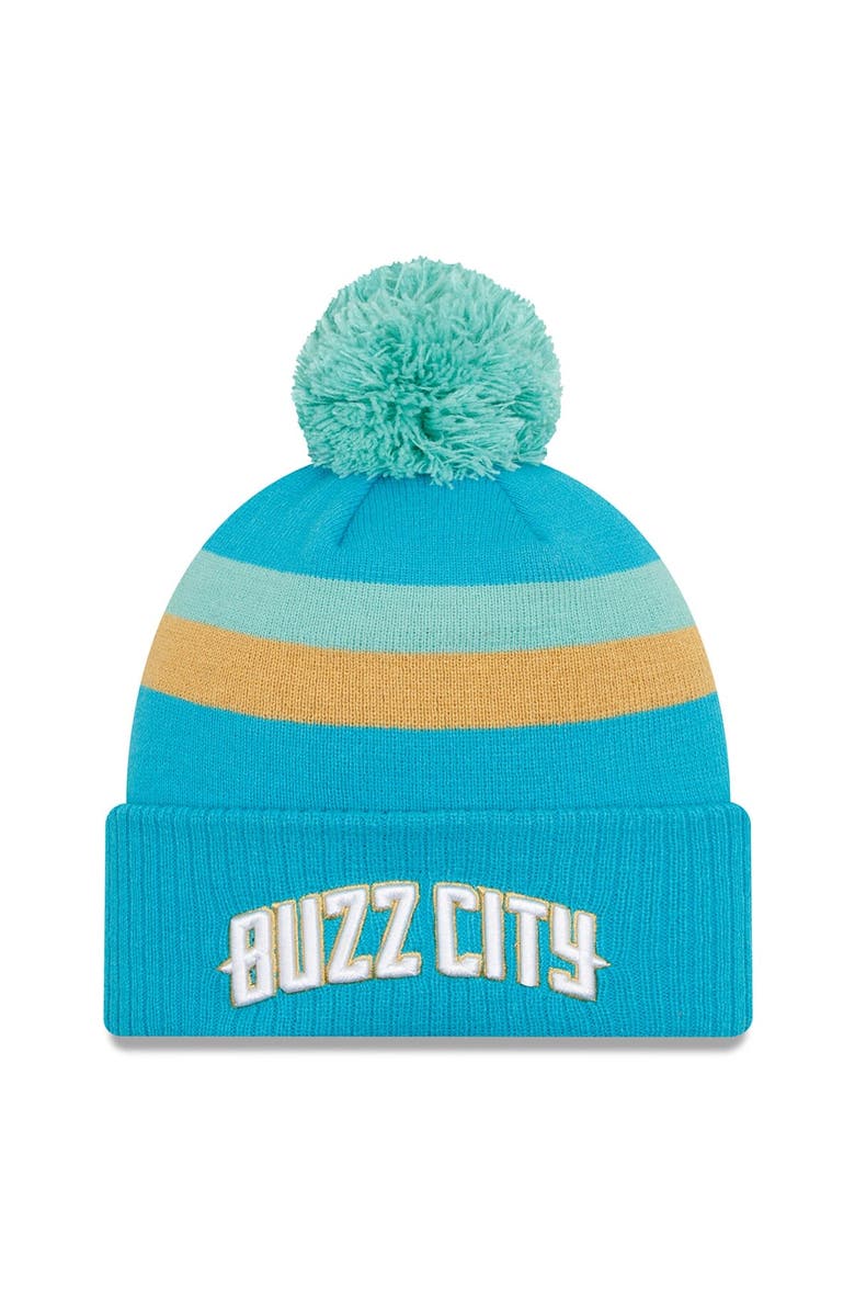 New Era Men's New Era Turquoise Charlotte Hornets 2023/24 City Edition Cuffed Pom Knit Hat, Main, color,