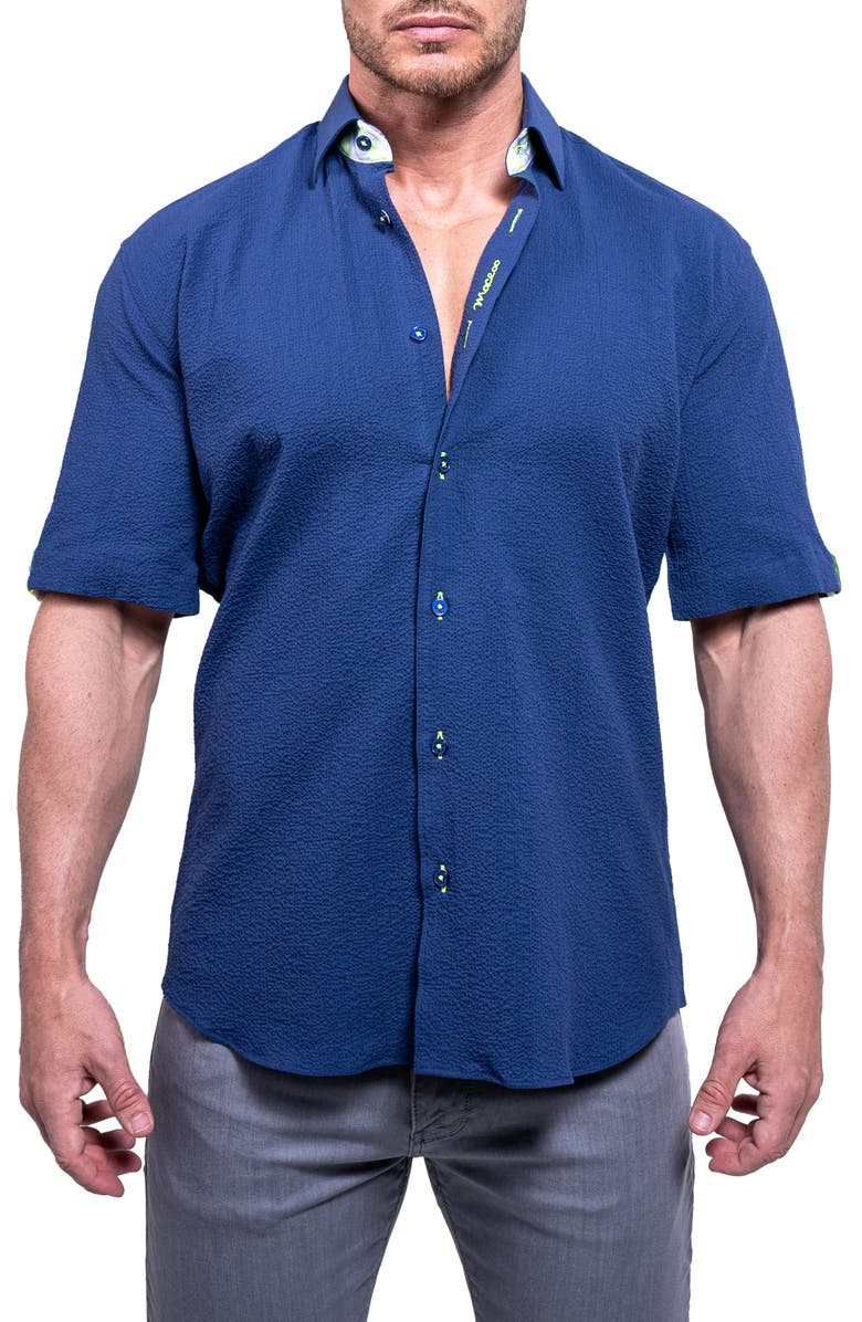 Maceoo Galileo Aristocrat Luxe Stretch Cotton Seersucker Short Sleeve Button-Up Shirt, Main, color, Blue