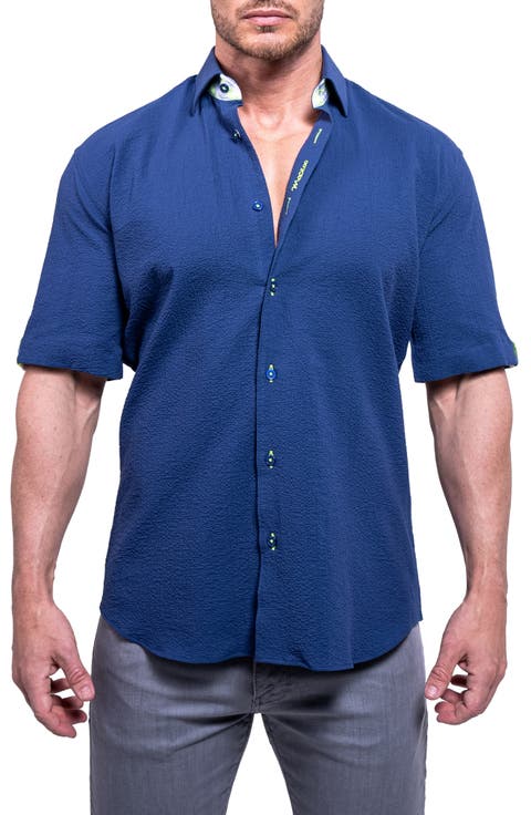 Galileo Aristocrat Luxe Stretch Cotton Seersucker Short Sleeve Button-Up Shirt