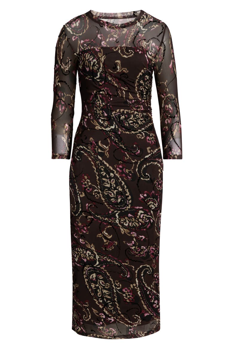 Flocked Mesh Midi Dress, Alternate, color, DEEP MAHOGANY MULTI