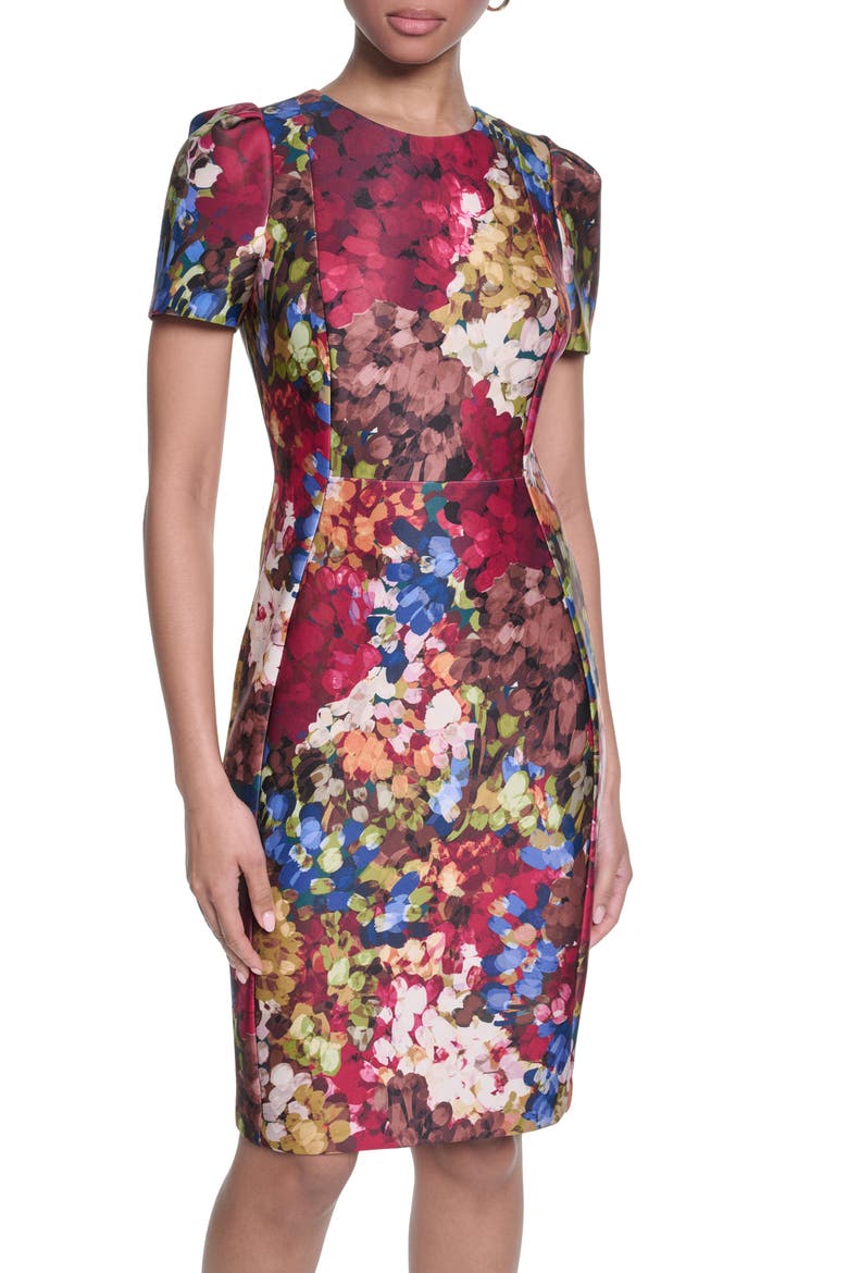 Floral Scuba Crepe Sheath Dress, Alternate, color, PORT/ VINE MULTI