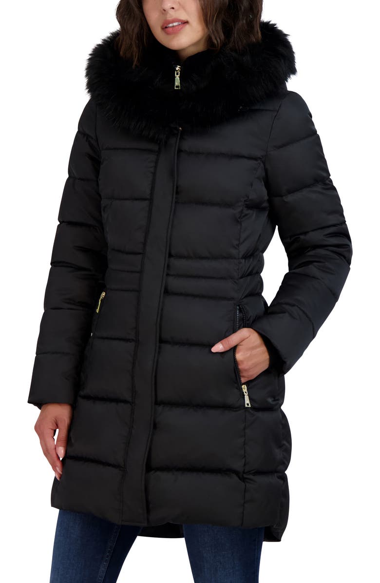 Tahari Dana Puffer Coat with Faux Fur Trim, Alternate, color, Black