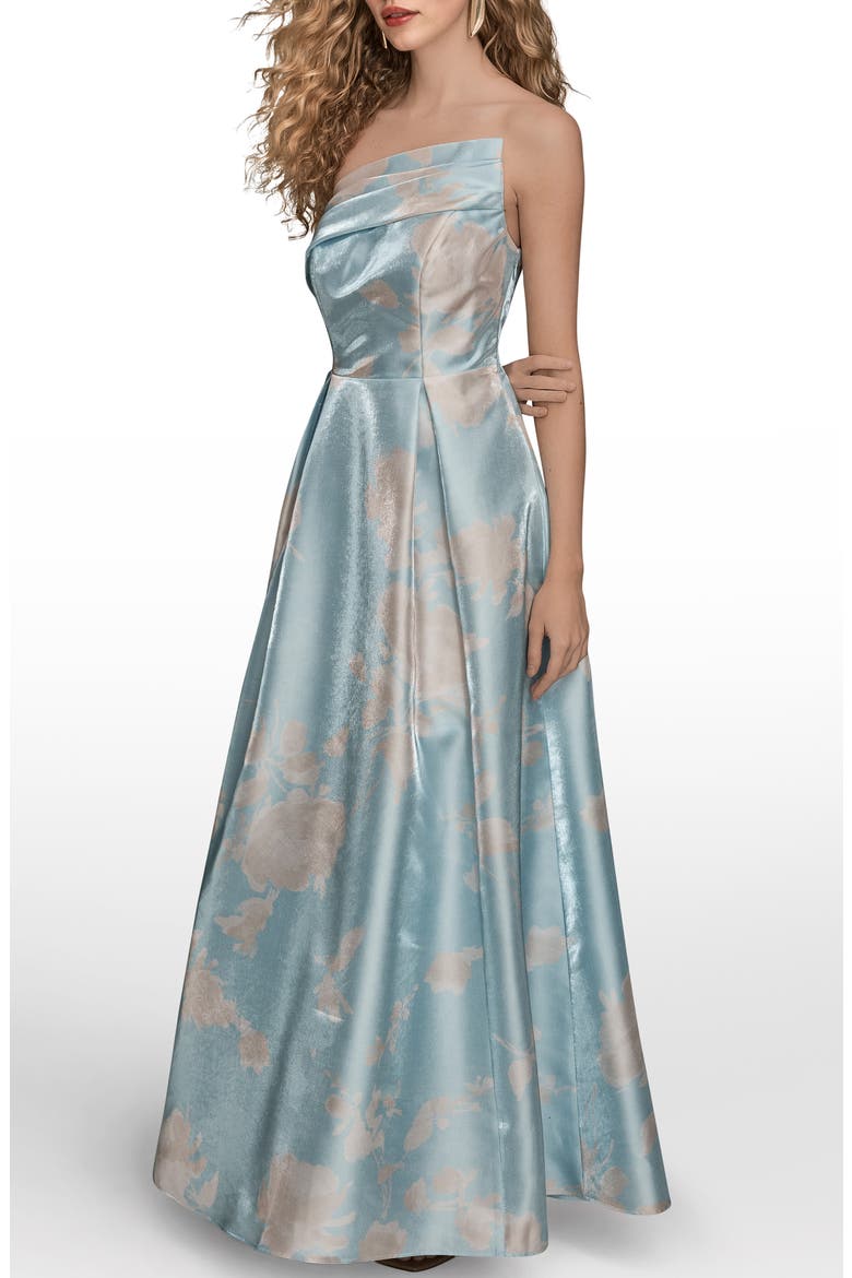 Floral Print Strapless Satin Gown, Alternate, color, SEA MIST MULTI
