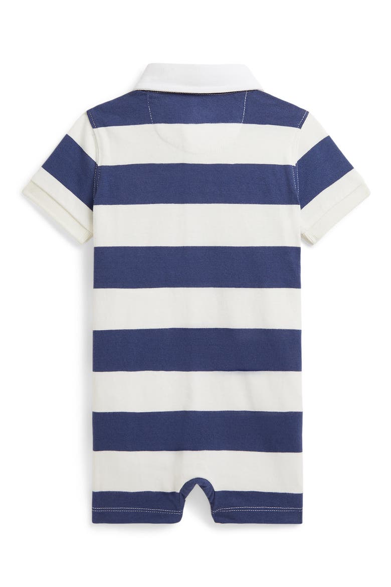 Rugby Stripe Cotton Jersey Polo Romper, Alternate, color, LIGHT NAVY/ DECKWASH WHITE