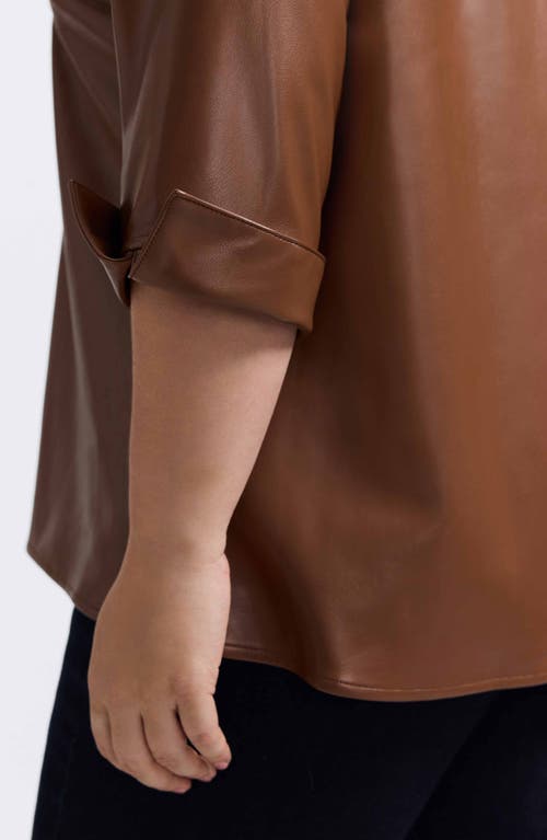 Foxcroft Agnes Faux Leather Long Sleeve Popover Top In Brown