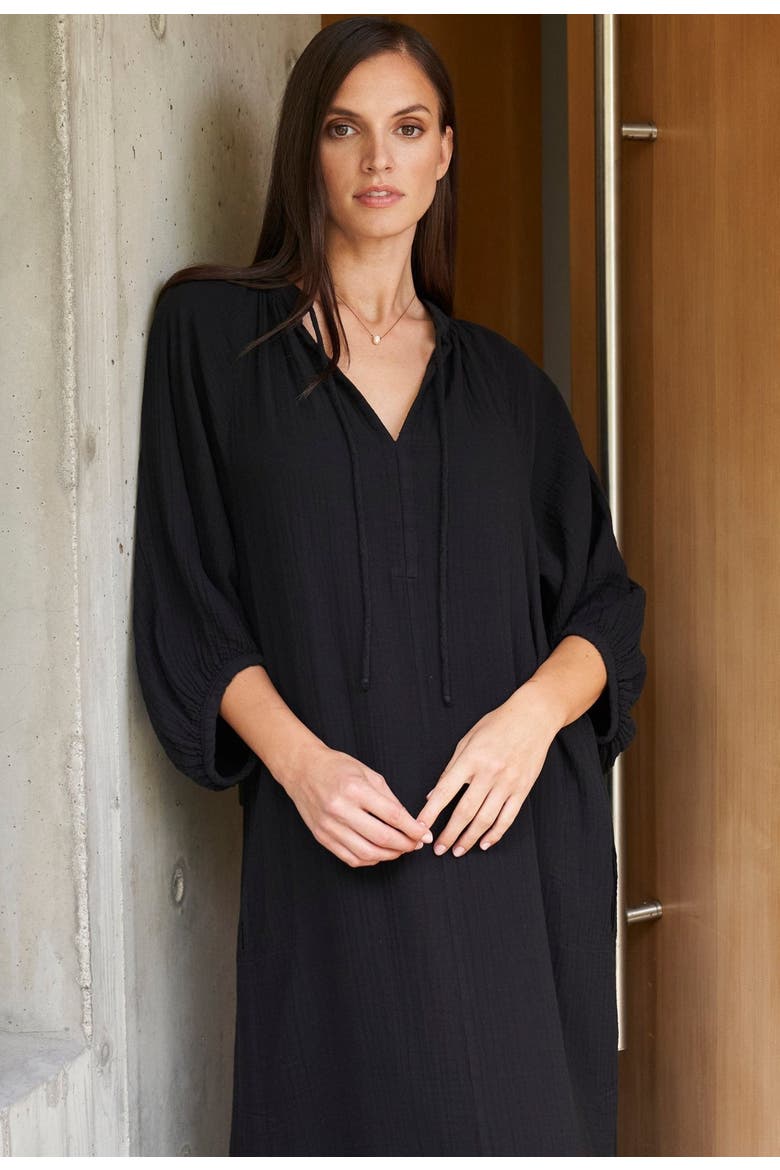Avery Long Tie Neck Dress Gauze Caftan, Alternate, color, Black