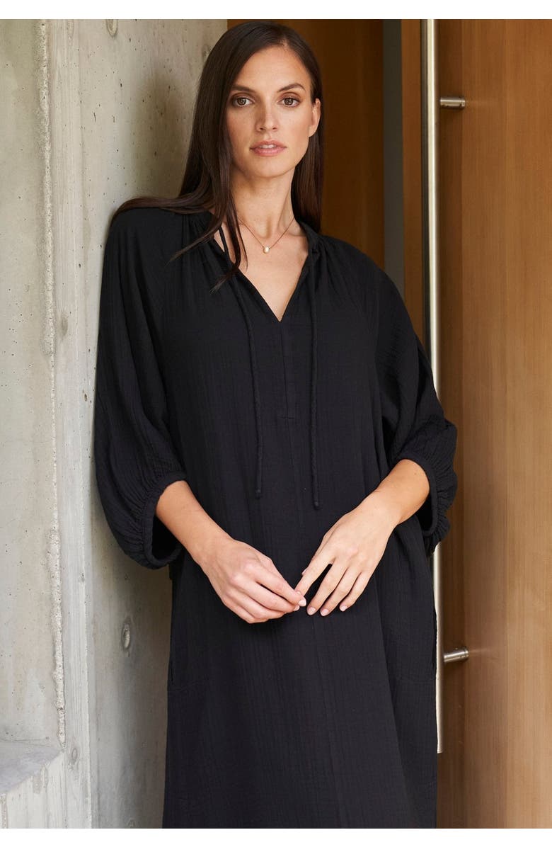 ocean+main Avery Long Tie Neck Dress Gauze Caftan, Alternate, color, Black