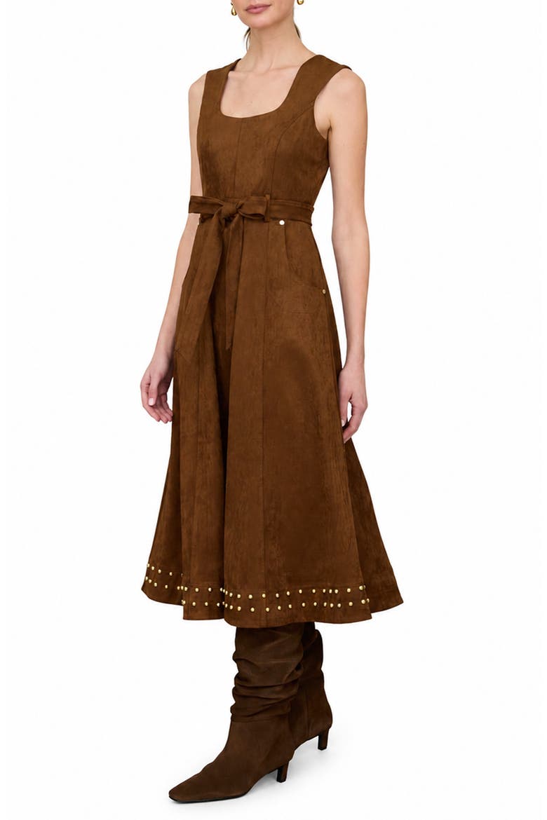 Stud Sleeveless Faux Suede Maxi Dress, Main, color, BROWN
