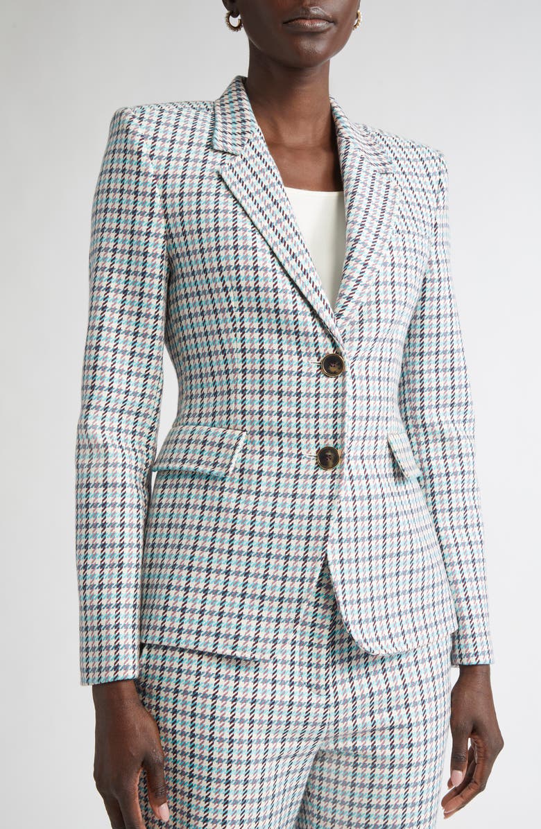 ST. JOHN Houndstooth Stretch Cotton Blazer, Alternate, color, Tropical Blue/ Ivory Multi