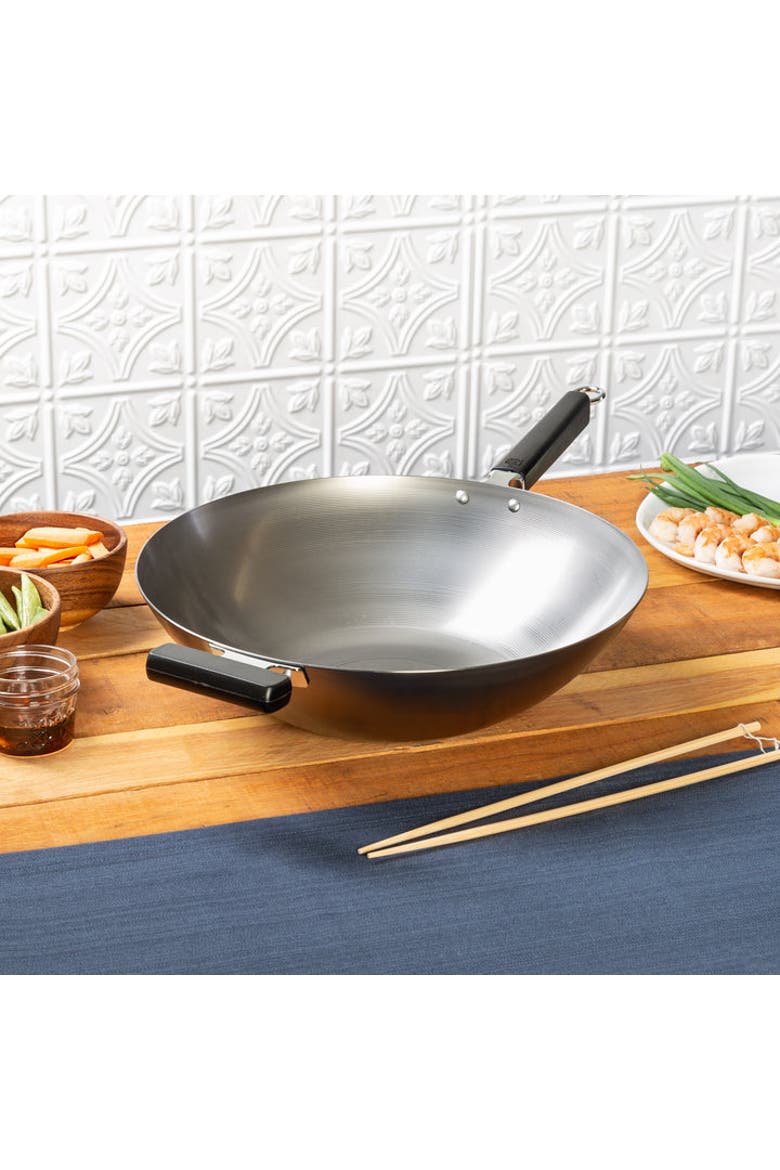 Uncoated Carbon Steel Flat Bottom Wok with Phenolic Handles, 14-Inch, Alternate, color, Metallic Silver