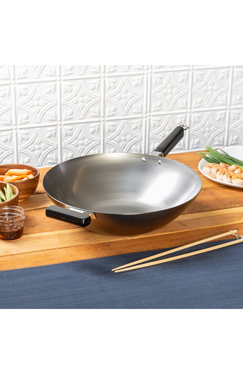 JOYCE CHEN Uncoated Carbon Steel Flat Bottom Wok with Phenolic Handles, 14-Inch, Alternate, color, Metallic Silver