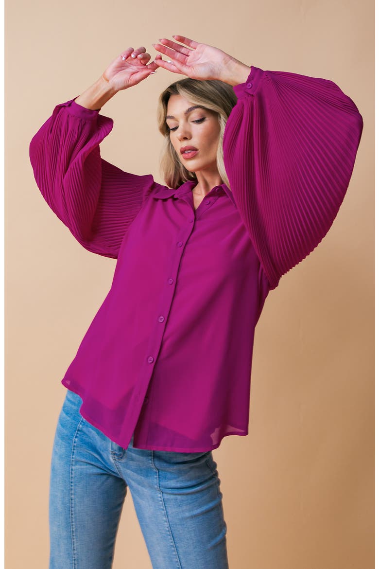 Pleated Sleeve Button-Up Shirt, Alternate, color, MAGENTA