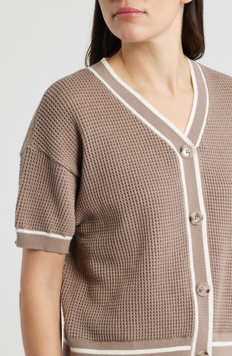 Bernardo Short Sleeve Basketweave Cardigan, Alternate, color, Gardenia/ Goat