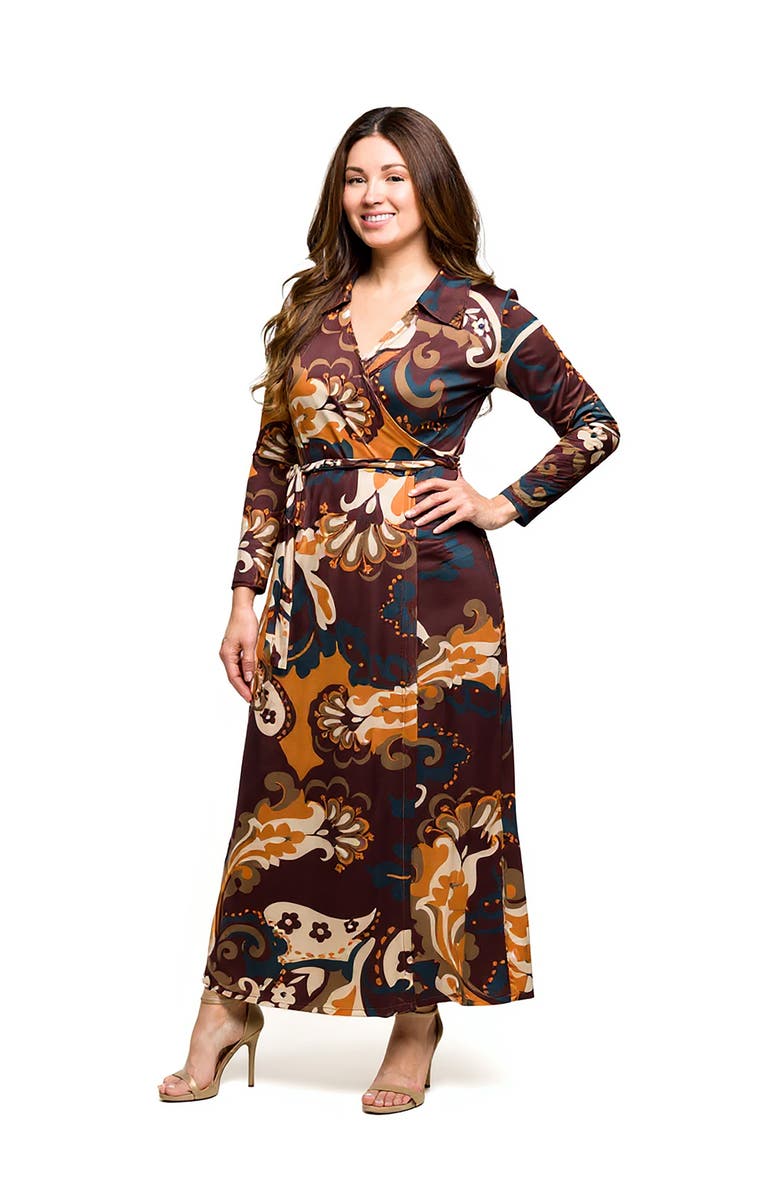 24seven Comfort Apparel Plus Size  Brown paisley Empire Waist Maxi Dress, Alternate, color, Brown Multi