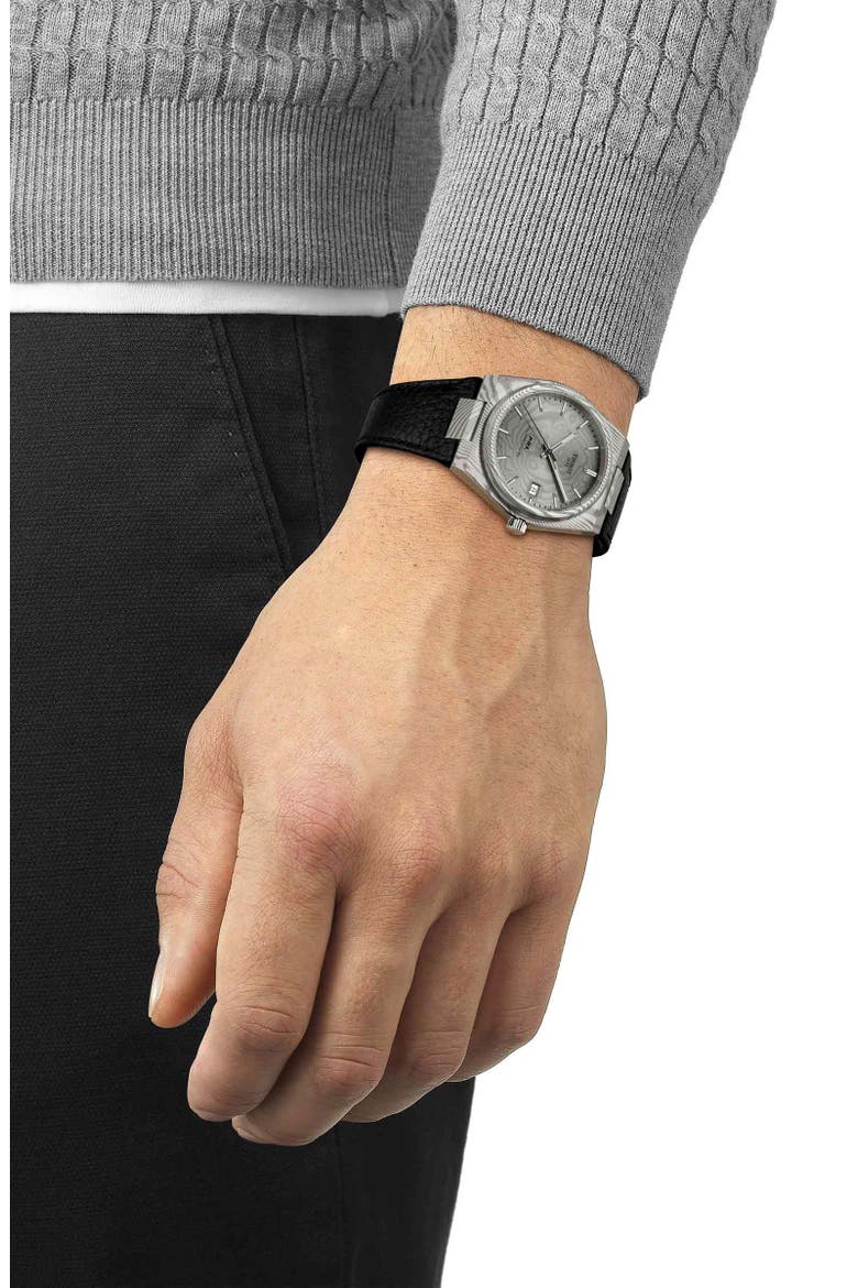 PRX Powermatic 80 Damascus Steel Leather Strap Watch, 38mm, Alternate, color, GREY