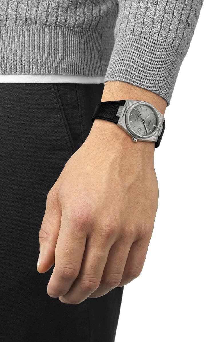 Tissot PRX Powermatic 80 Damascus Steel Leather Strap Watch, 38mm, Alternate, color, Grey