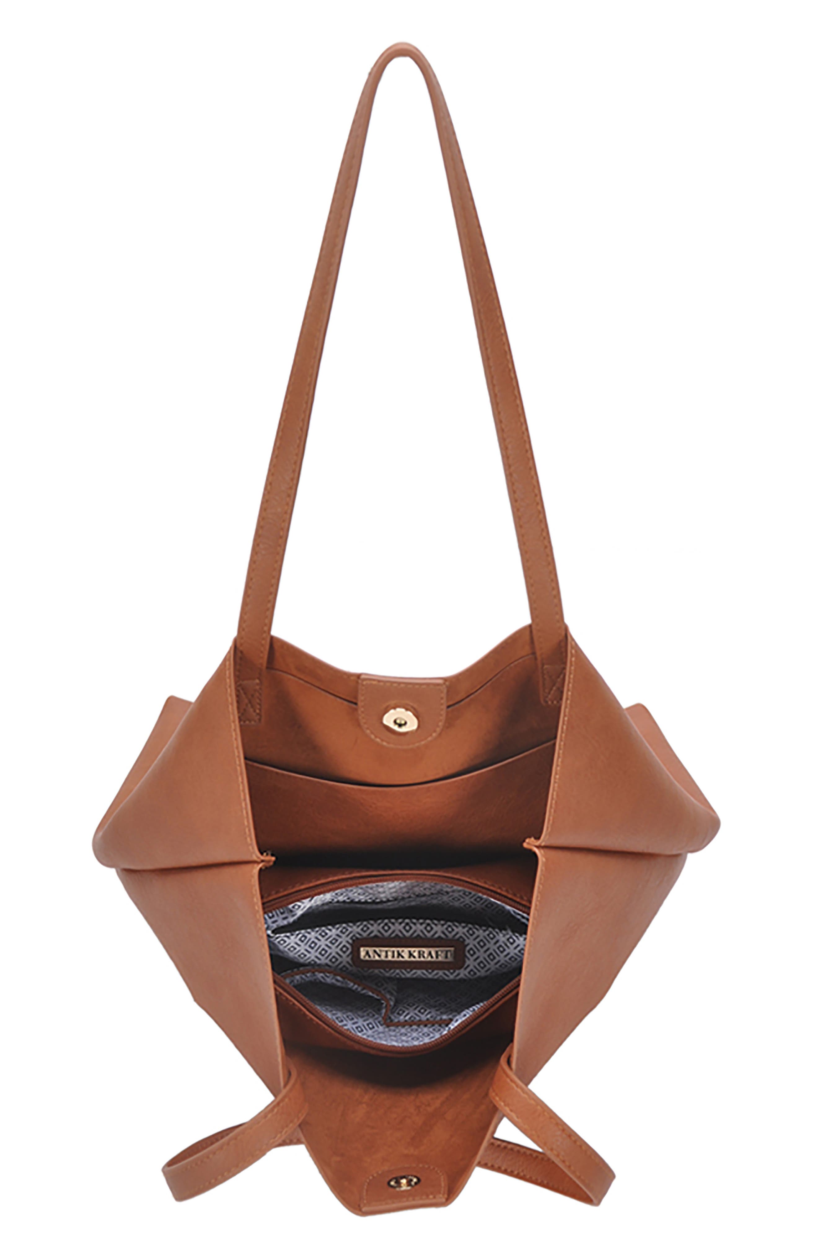 Faux Leather North/South Tote with Removable Pouch, Alternate, color, TAN