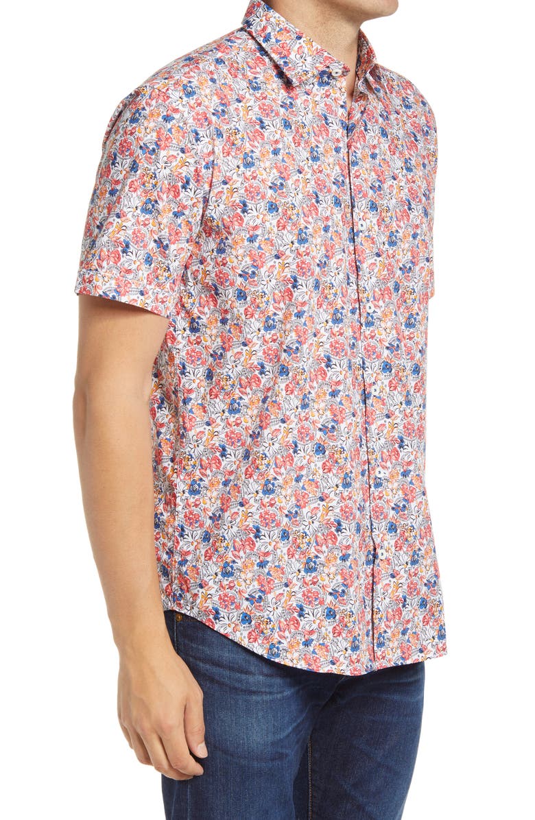 Bugatchi Shaped Fit Print Short Sleeve Button-Up Shirt, Alternate, color, 