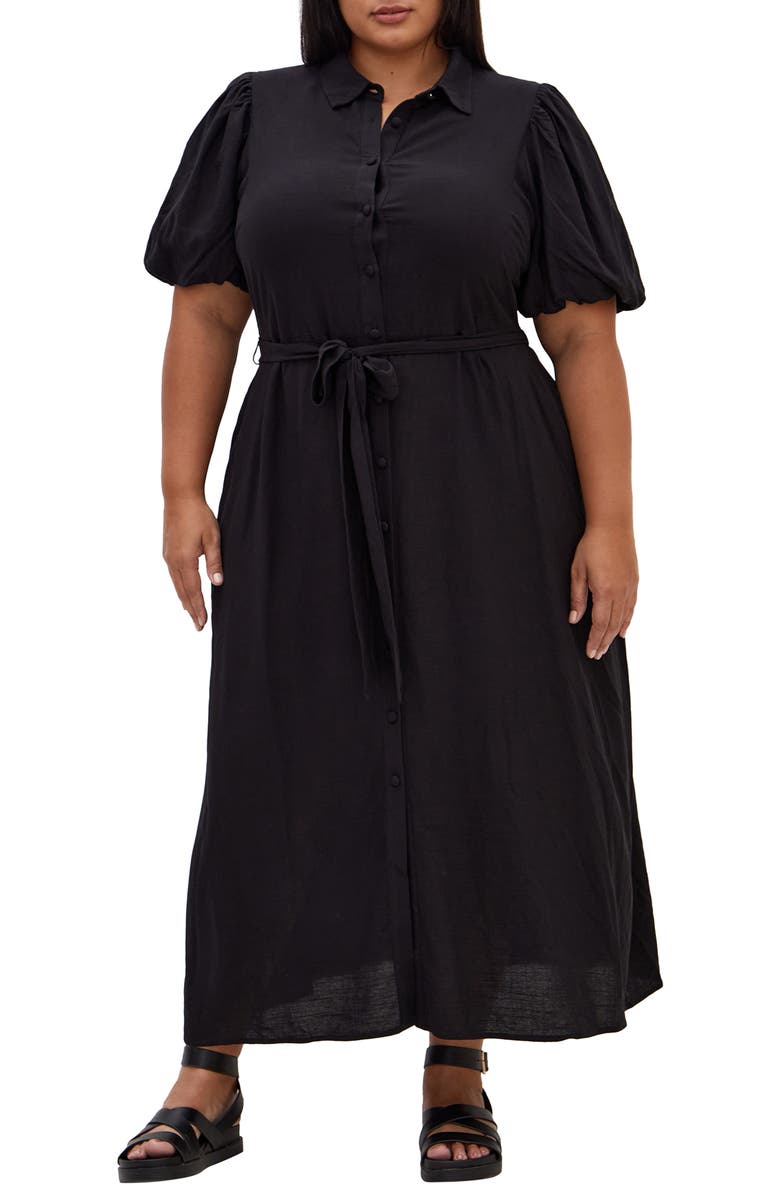 City Chic Davina Puff Sleeve Tie Waist Maxi Dress, Main, color, 